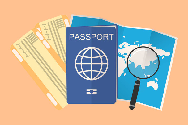 passeport, billets d'avion et carte ouverte avec loupe. composition avec un thème de vacances
. - Vecteur, image