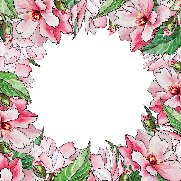 Square watercolor frame with pink rose sakura flowers and leaves. - Fotó, kép