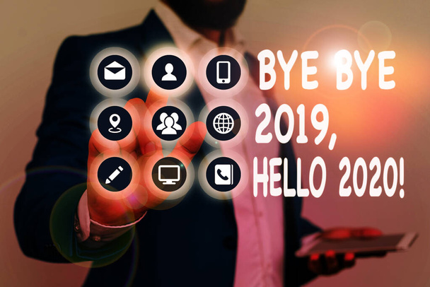 Írásban tudomásul bemutató bye bye 2019 Hello 2020. Üzleti fotó bemutató búcsúzik a tavalyi év, és üdvözölve egy jó egy. - Fotó, kép