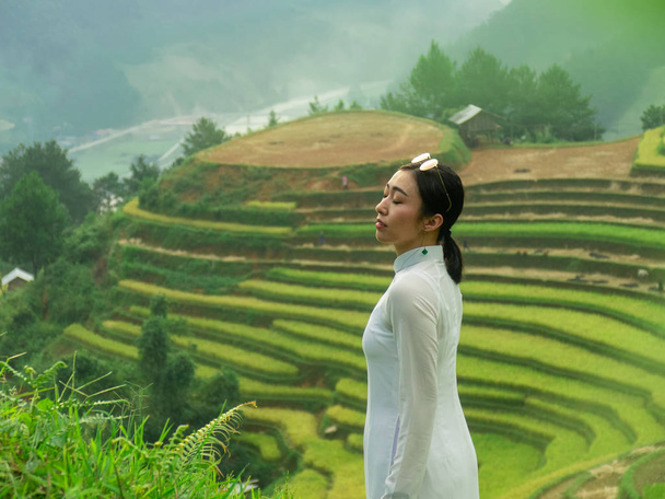 Mujer en vestido vietnamita blanco en terrazas de arroz
 - Foto, imagen