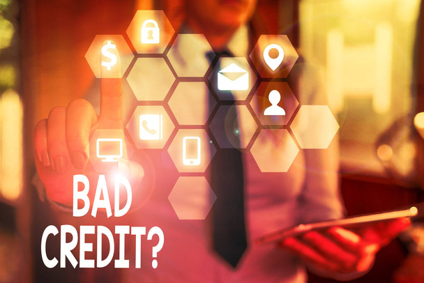 Sana kirjoittaa tekstiä Bad Creditquestion. Liiketoimintamalli, jolla osoitetaan, että velka on maksettu ajallaan ja täysimääräisenä
. - Valokuva, kuva
