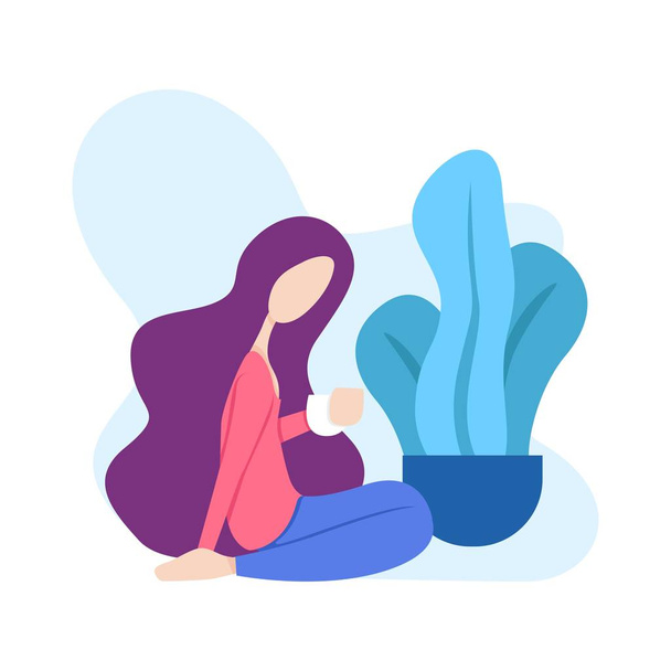 Illustration einer Frau, die entspannt vor einem Baum sitzt und einen Kaffee oder Tee trinkt. kann für moderne Webseiten und zusätzliche Abbildungen in anderen Bildern verwendet werden. Dateigröße ist 500k - Vektor, Bild