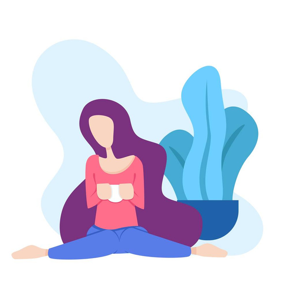 ілюстрація жінки, яка сидить розслаблено п'є склянку кави або чаю перед деревом. може для сучасних веб-сторінок та додаткових ілюстрацій на інших зображеннях. розмір файла 500k
 - Вектор, зображення