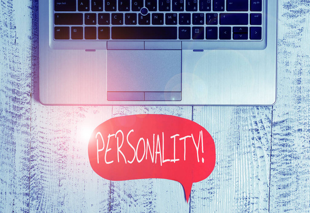 Writing note showing Personality. Business photo showcasing combination characteristics that form individuals character Close view open laptop speech bubble downwards lying vintage table. - Photo, Image