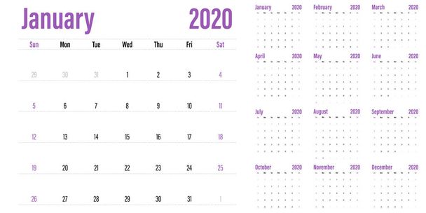 Σχεδιαστής ημερολογίου 2020 εικόνα διάνυσμα πρότυπο όλων των 12 μηνών εβδομάδα ξεκινά την Κυριακή και υποδεικνύουν Σαββατοκύριακα το Σάββατο και την Κυριακή - Διάνυσμα, εικόνα