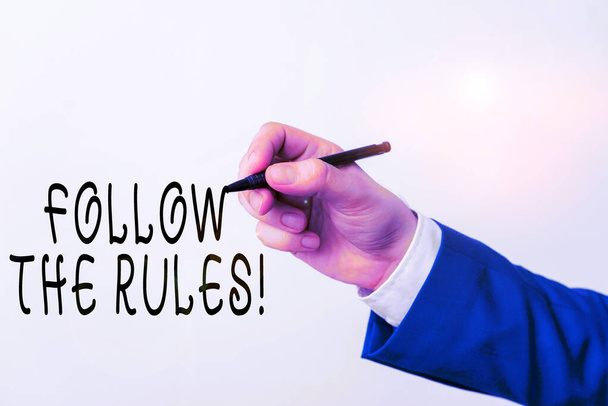 Text sign showing Follow The Rules. Conceptual photo go with regulations governing conduct or procedure Isolated hand above white background. Pointing pen in the hand on white background. - Photo, Image