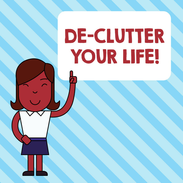 Handwriting text De Clutter Your Life. Concept meaning remove unnecessary items from untidy or overcrowded places Woman Standing with Raised Left Index Finger Pointing at Blank Text Box. - Photo, Image