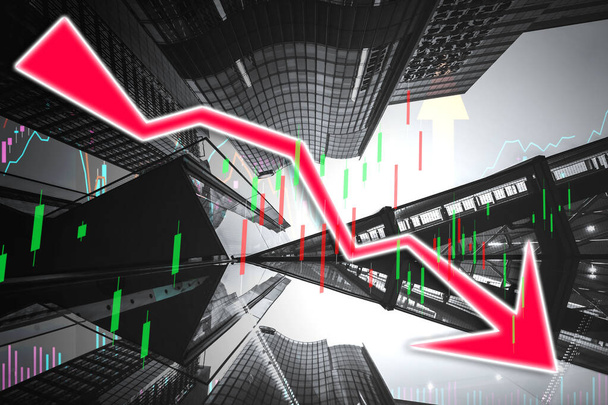 Stock index graph and chart in modern building background (red b - 写真・画像