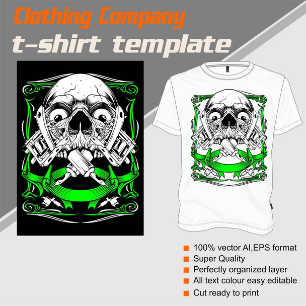 T-Shirt-Vorlage, vollständig editierbar mit Totenkopf-Tätowierer-Vektor - Vektor, Bild