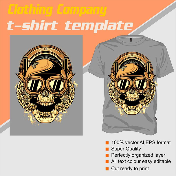 T-shirt sjabloon, volledig bewerkbaar met schedelhelm vector - Vector, afbeelding