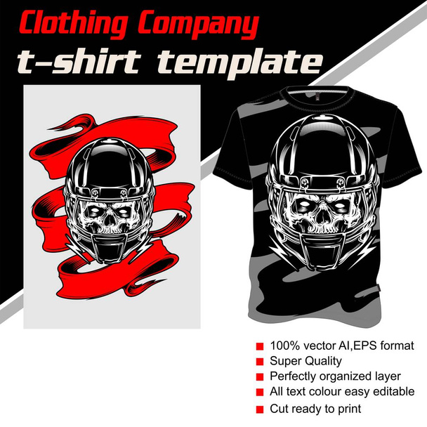 T-Shirt-Vorlage, vollständig editierbar mit Totenkopf-Helm-Bandana-Vektor - Vektor, Bild