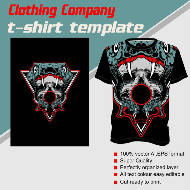 T-shirt template, fully editable with snake skull vector - Vector, Image