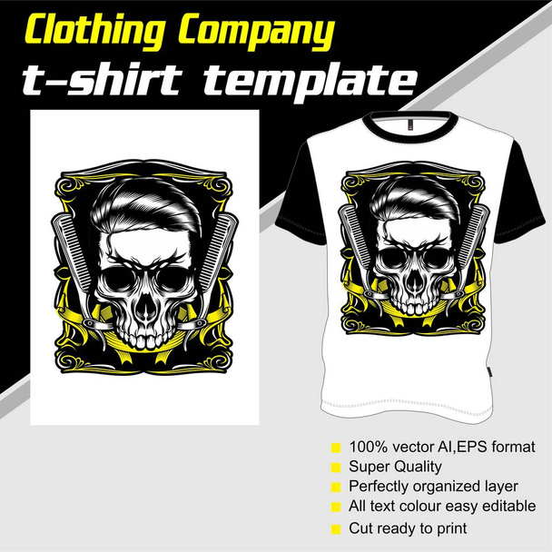 T-Shirt-Vorlage, vollständig editierbar mit Totenkopf-Friseur-Vektor - Vektor, Bild