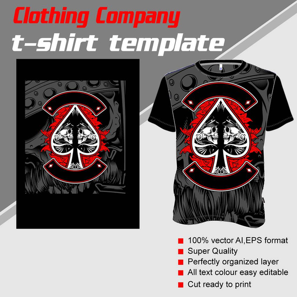 T-Shirt-Vorlage, vollständig editierbar mit Totenkopf-Ass-Scoop-Vektor - Vektor, Bild