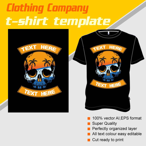 T-Shirt-Vorlage, vollständig editierbar mit Totenkopf-Sommervektor - Vektor, Bild