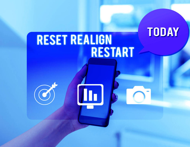 Text sign showing Reset Realign Restart. Conceptual photo Life audit will help you put things in perspectives woman icons smartphone speech bubble office supplies technological device. - Photo, Image