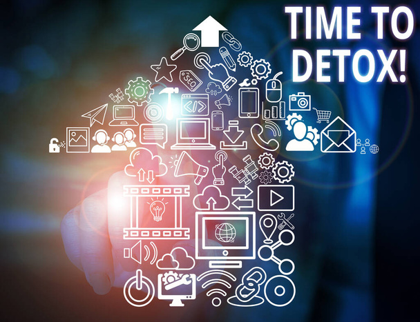 Conceptual hand writing showing Time To Detox. Business photo text when you purify your body of toxins or stop consuming drug Woman wear work suit presenting presentation smart device. - Photo, Image