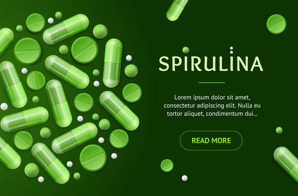 Green Spirulina Pills Concept Banner Horizontal with Realistic Detailed 3d Elements. Vector - Вектор, зображення