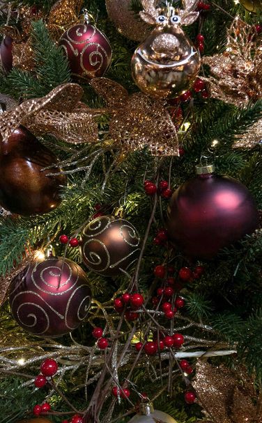 Primo piano di decorazioni ornamentali di Natale splendidamente decorate in un albero di Natale
 - Foto, immagini
