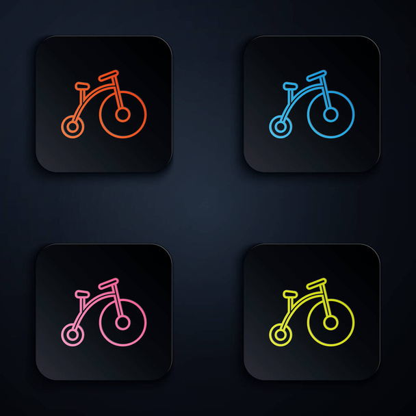 Color neon line Vintage bicycle with one big wheel and one small icon isolated on white background. Bike public transportation sign. Set icons in colorful square buttons. Vector Illustration - Vektor, obrázek