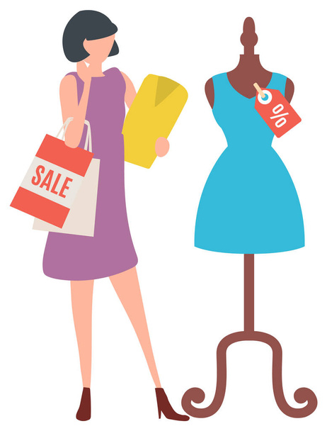Woman Looking at Dress on Mannequin in Shop - Vector, Image