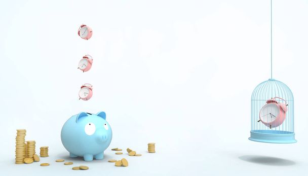 Piggy Blue Bank Экономия денег и экономия времени Розовые часы Концепция современного искусства пастель синий фон - 3D рендеринг
 - Фото, изображение