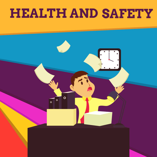 Kézírás szöveg egészség és biztonság. A koncepció a munkahelyi baleset megelőzését célzó eljárás, megzavarodott hím alkalmazott igazgató rendetlenséget csinált Workspace túlfolyás idő hiány. - Fotó, kép