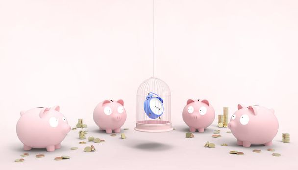 Piggy Pink bank Savings money Family Groups and watch Time is in the cage Concept Modern Art pastel Pink background - 3d rendering - Photo, Image