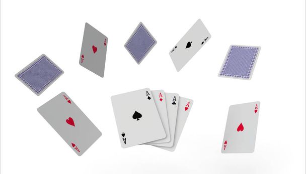 Falling poker playing cards Concept art on isolated on white background - 3d rendering - 写真・画像