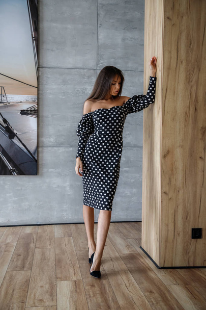 Beautiful sexy brunette in stylish dress posing in interior of apartments - Fotoğraf, Görsel