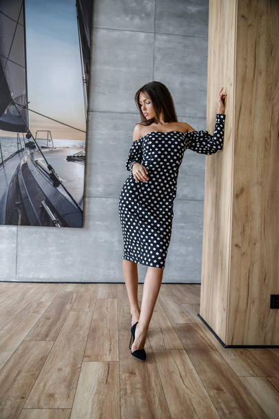 Beautiful sexy brunette in stylish dress posing in interior of apartments - Fotó, kép