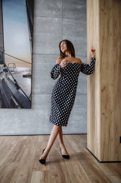 Beautiful sexy brunette in stylish dress posing in interior of apartments - Photo, image