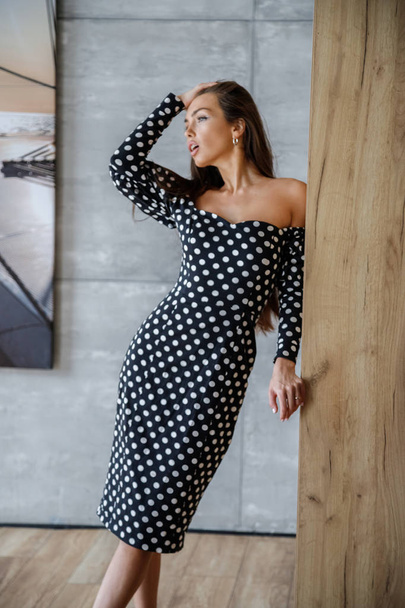 Beautiful sexy brunette in stylish dress posing in interior of apartments - Foto, afbeelding