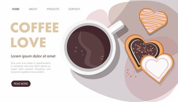 Mug with coffee and heart shaped cookies. Top view. Landing page.  - Vector, Image