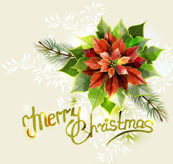 Vector illustration of Christmas decoration with poinsettia. Christmas greeting card. Retro style. - Vector, Image