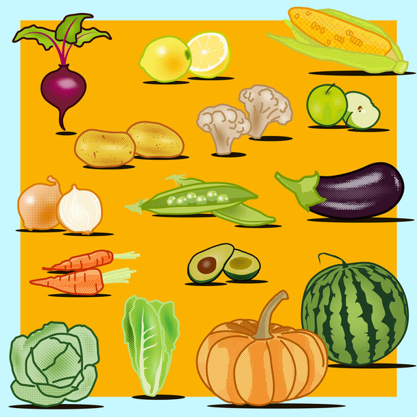 Värikäs joukko hedelmiä ja vihanneksia. Eristetty luova suunnittelu terveellistä elämää esineitä. Kasvis- ja vegaaniruoka puoliksi kuvioitu, ei gradientteja
 - Vektori, kuva
