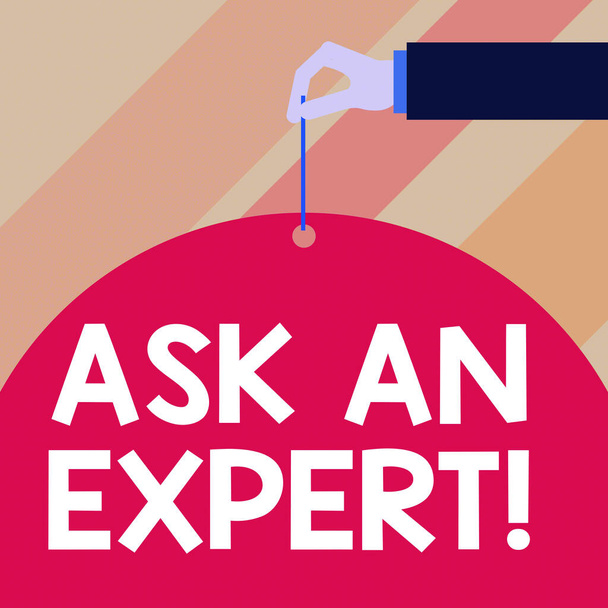 Writing note showing Ask An Expert. Business photo showcasing confirmation that have read understand and agree with guidelines Male hand arm needle punching big blank balloon geometrical background. - Photo, Image