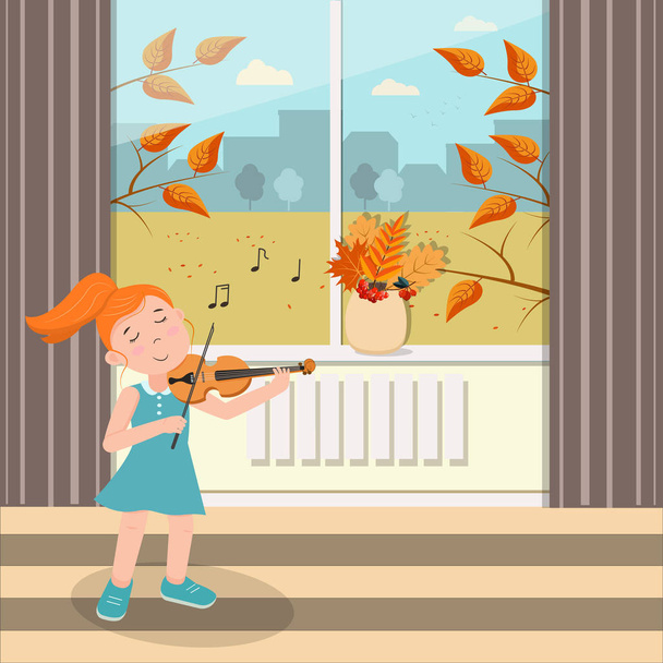 The girl plays the violin on the background of the window with the autumn landscape. Vector graphics - Vector, Image