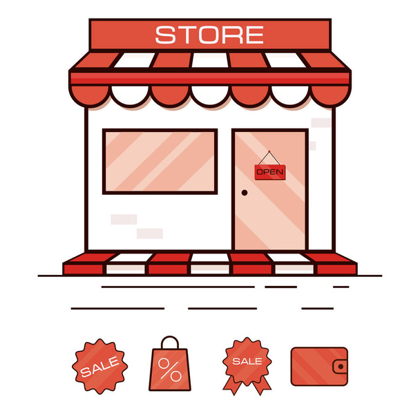 Red shop icon, showcase. Vector illustration. With sale stickers. - Vector, Image