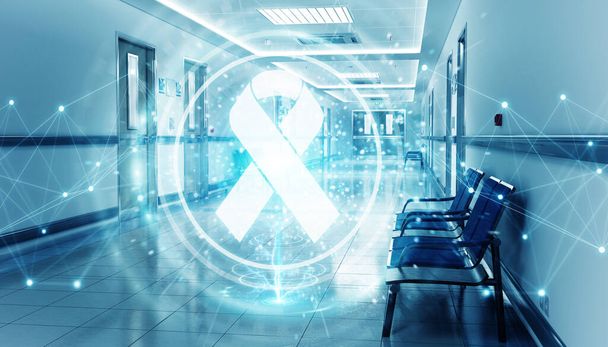 Hospital blue corridor with digital aids ribbon floating in dots - Valokuva, kuva