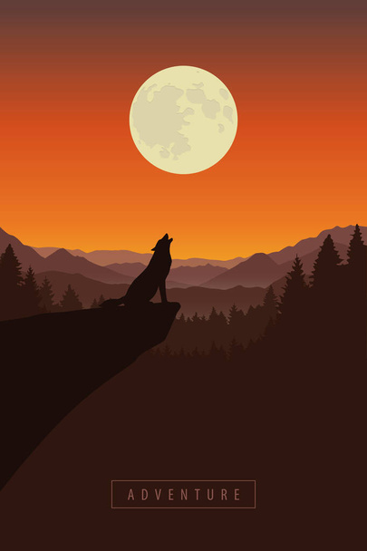 wolf on a cliff howls at full moon forest nature landscape - Vector, Image