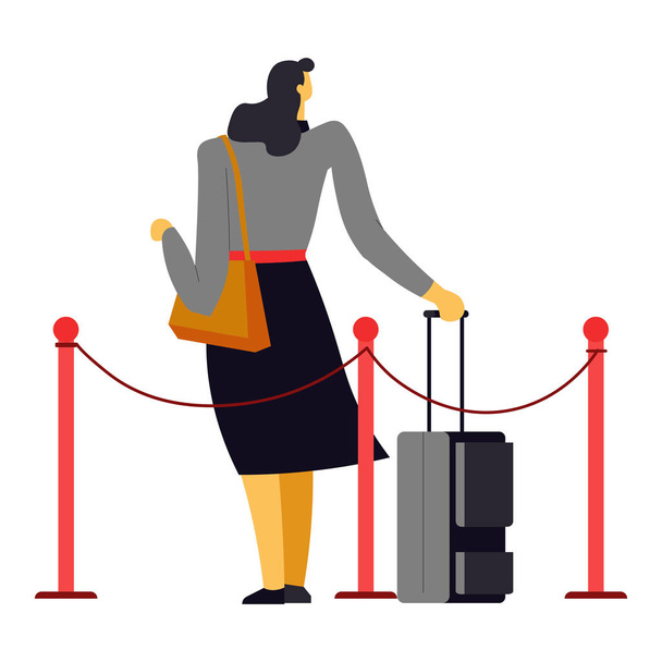 フェンスの後ろにスーツケースと財布を持つ女性が飛行機に進む - ベクター画像