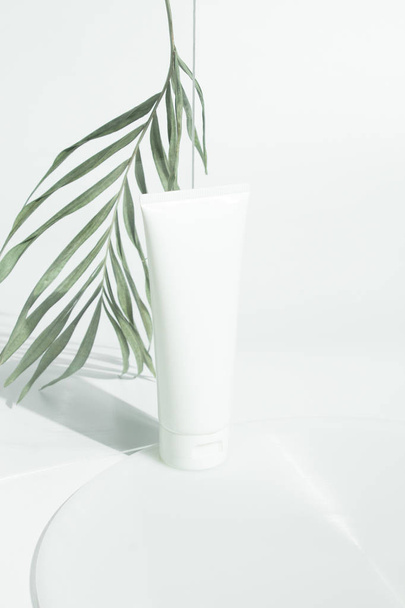 fresh beauty spa medical skincare and cosmetic lotion cream facial tube bottle packaging product on white decor background with summer season sun light - 写真・画像