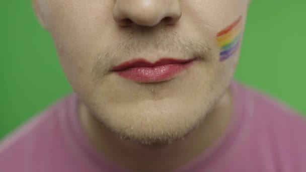 Uomo barbuto con le labbra dipinte sorridenti sulla macchina fotografica. Comunità LGBT. Transessuale
 - Filmati, video
