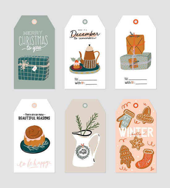 Christmas gift tag with cute hygge ilustration and holiday lettering wishes. Printable hand drawn cards templates. Sseasonal labels design. Vector. Isolated set - Vetor, Imagem