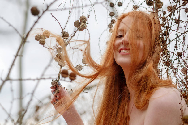 νεαρή όμορφη σέξι κοκκινομάλλα γυναίκα παίζει γέλιο με κουκουνάρια και τα όμορφα κόκκινα μαλλιά της πιασμένα σε ένα κλαδί πεύκου. - Φωτογραφία, εικόνα