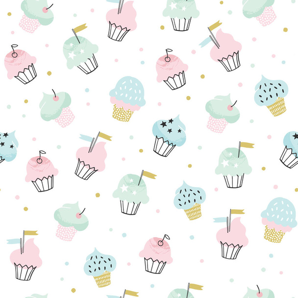 Cupcake vector pattern with confetti sprinkles. Hand drawn cute cupcakes seamless background for party, birthday, greeting cards, gift wrap. - ベクター画像