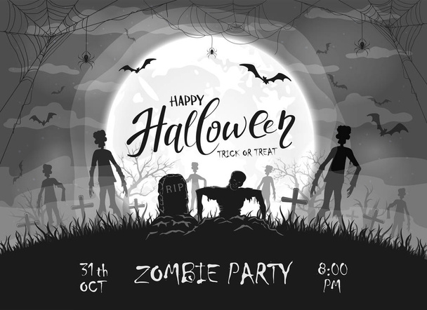 Fekete-fehér Halloween háttér zombik és denevérek - Vektor, kép