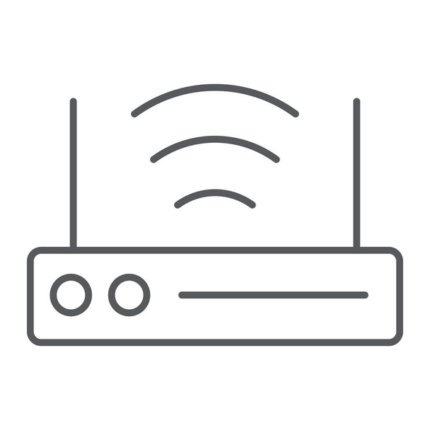 Roteador Wi-Fi ícone de linha fina, tecnologia e dispositivo, sinal de internet sem fio, gráficos vetoriais, um padrão linear em um fundo branco
. - Vetor, Imagem