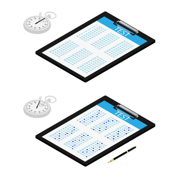 Test, exam paper on clipboard, stopwatch and pen isometric view. Exam, or survey concept icon. School test. School exam. - Фото, зображення